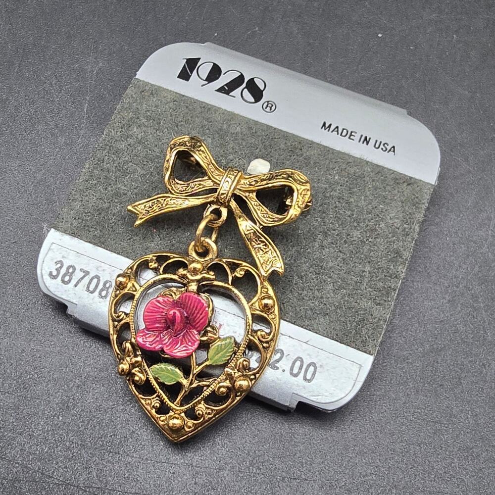 1928 Brand Heart Bow Brooch Gold Tone NOS Vintage Jewelry